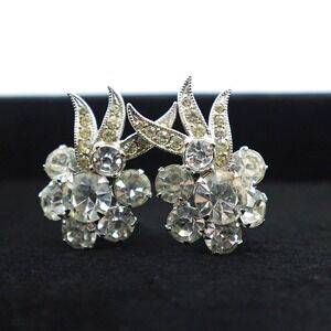 Vintage Eisenberg Flower Rhinestone Clip On Earrings Silver Tone Signed